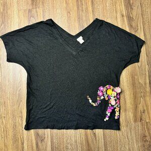 Chicos Womens Size 2 Large Black Embroidered Elephant 100% Linen V Neck Sweater‎